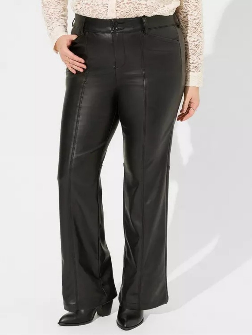 Torrid Plus Size Pintuck Trouser Boot Faux Leather High Rise Pants - Picture 2 of 6